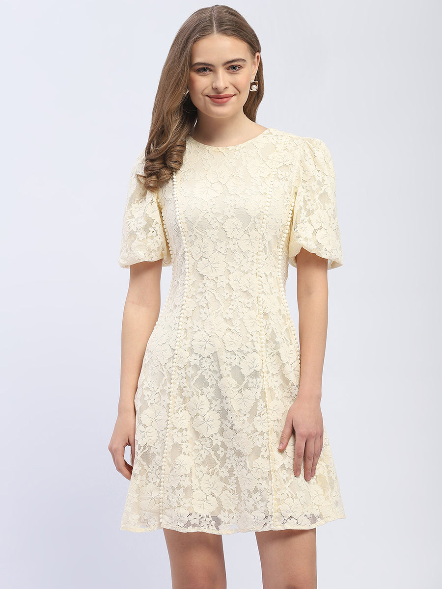 Madame Puff Sleeve Off-White Lace A-Line Dress