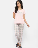 Msecret Chequered Pajama with Typography T-shirt Pink Night Suit