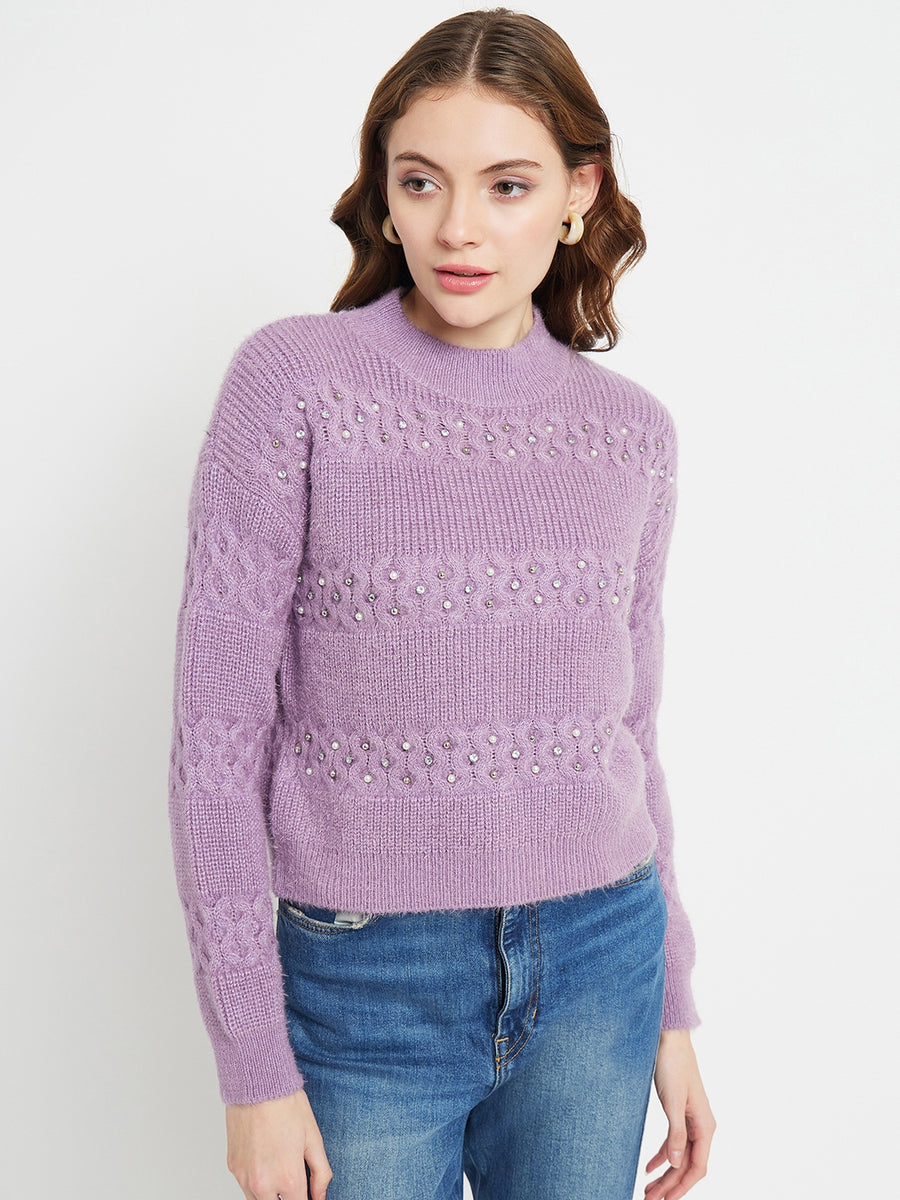 Madame Cable Knit Embellished Lilac Sweater