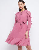 Madame Ruffle Detail Onion Pink Belted Waist Dress