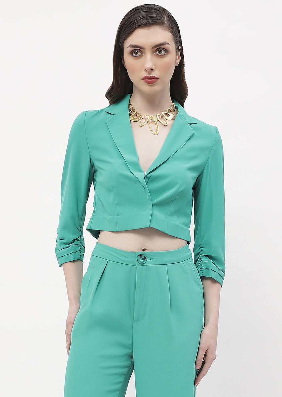 Madame Ruched Sleeve Jade Green Lapel Collar Crop Blazer