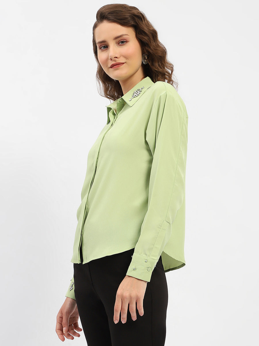 Madame Rhinestone Embellished Green Shirt