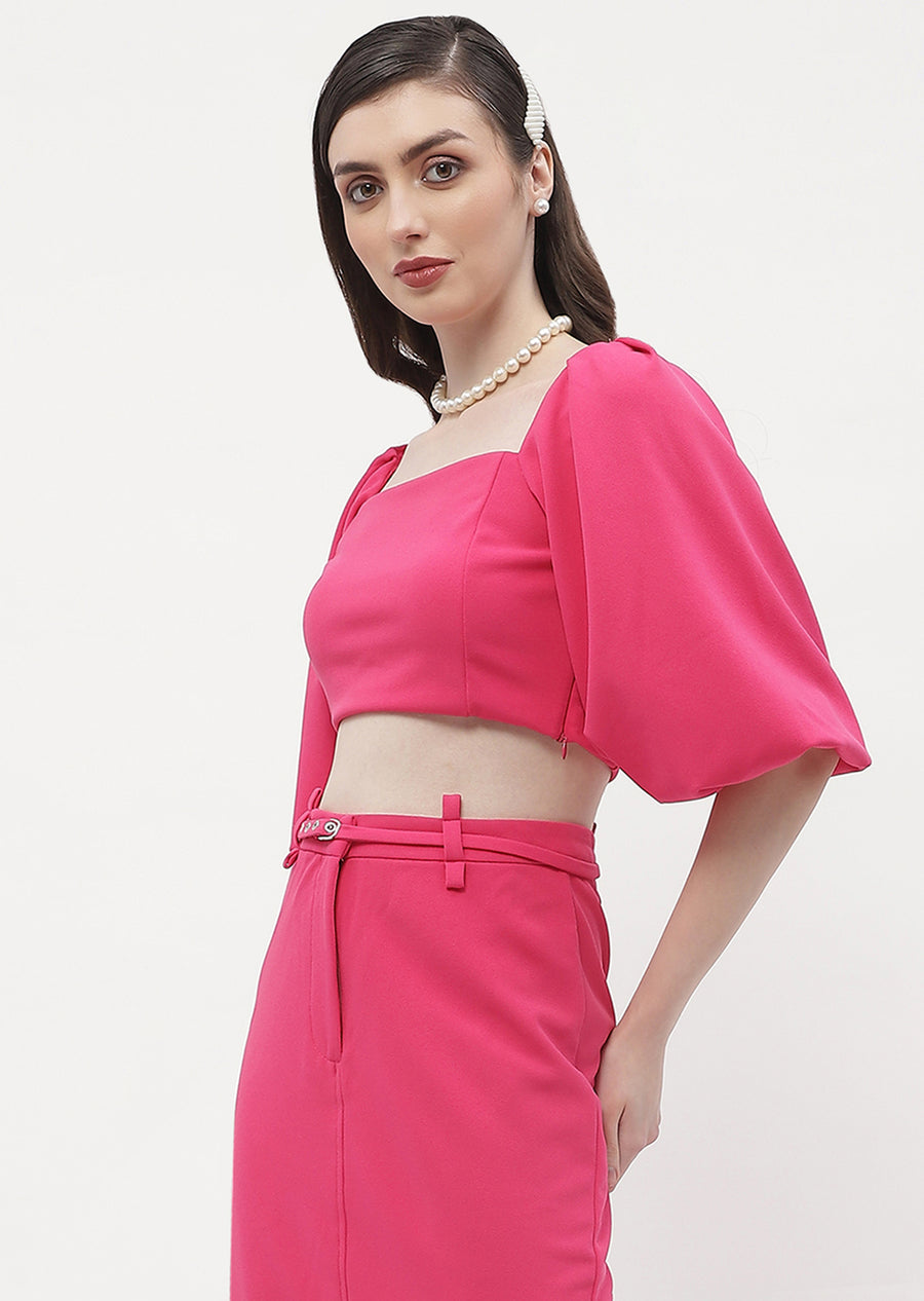 Madame Square Neck Hot Pink Balloon Sleeve Crop Top