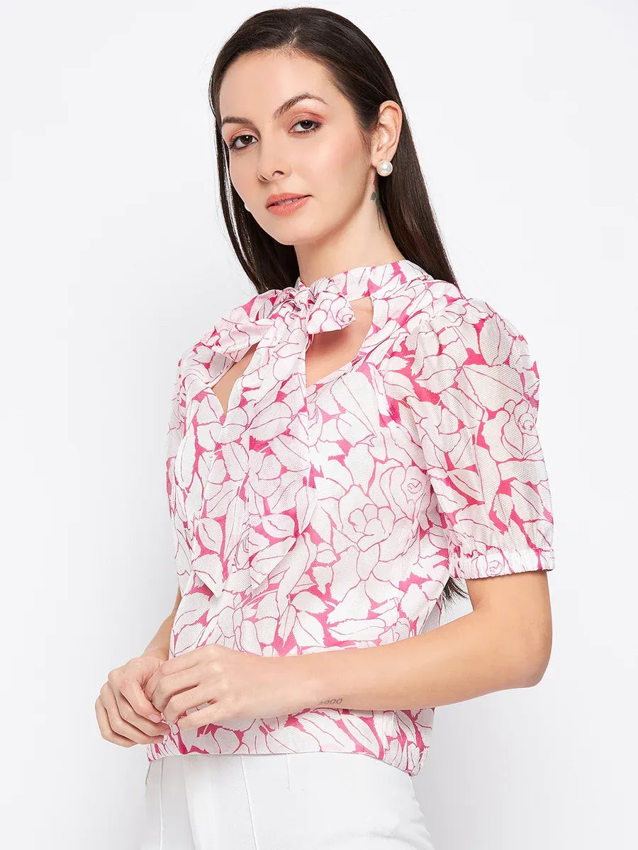 Camla Barcelona Bow Tie Floral Print Puffed Sleeves Top