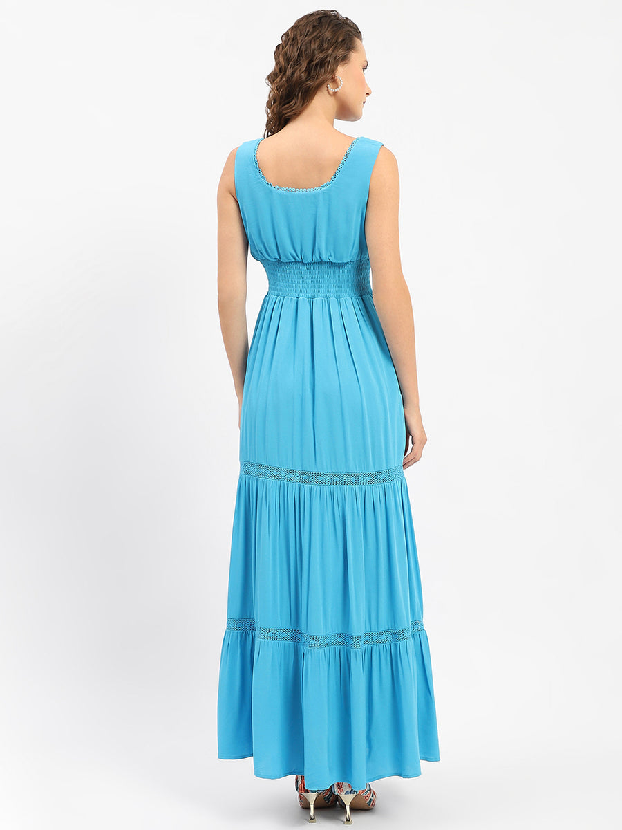 Madame Square Neckline Blue Tiered Dress