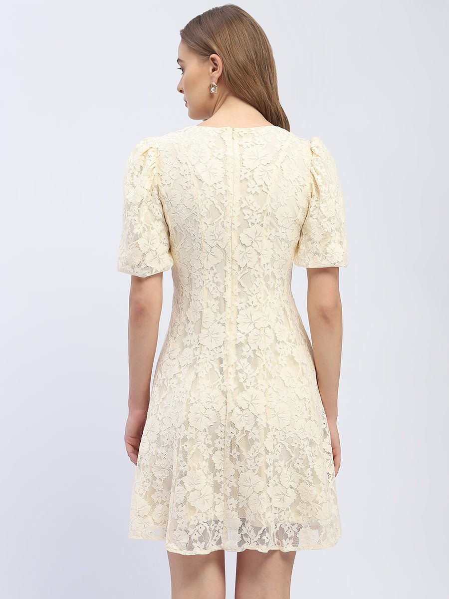 Madame Puff Sleeve Off-White Lace A-Line Dress