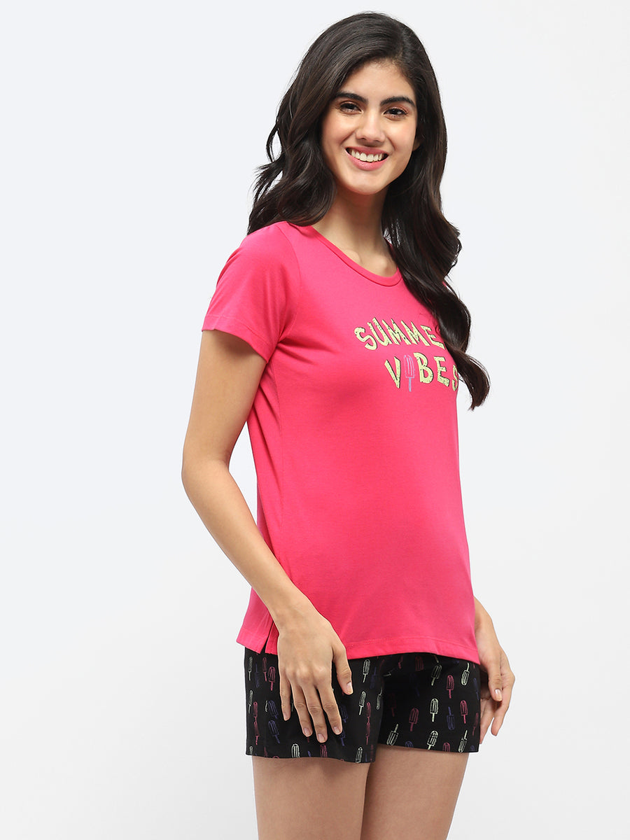 Msecret Hot Pink T-shirt with Graphic Print Pajama and Shorts Night Suit