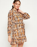 Madame Beige Abstract Print Self-Belted Dress