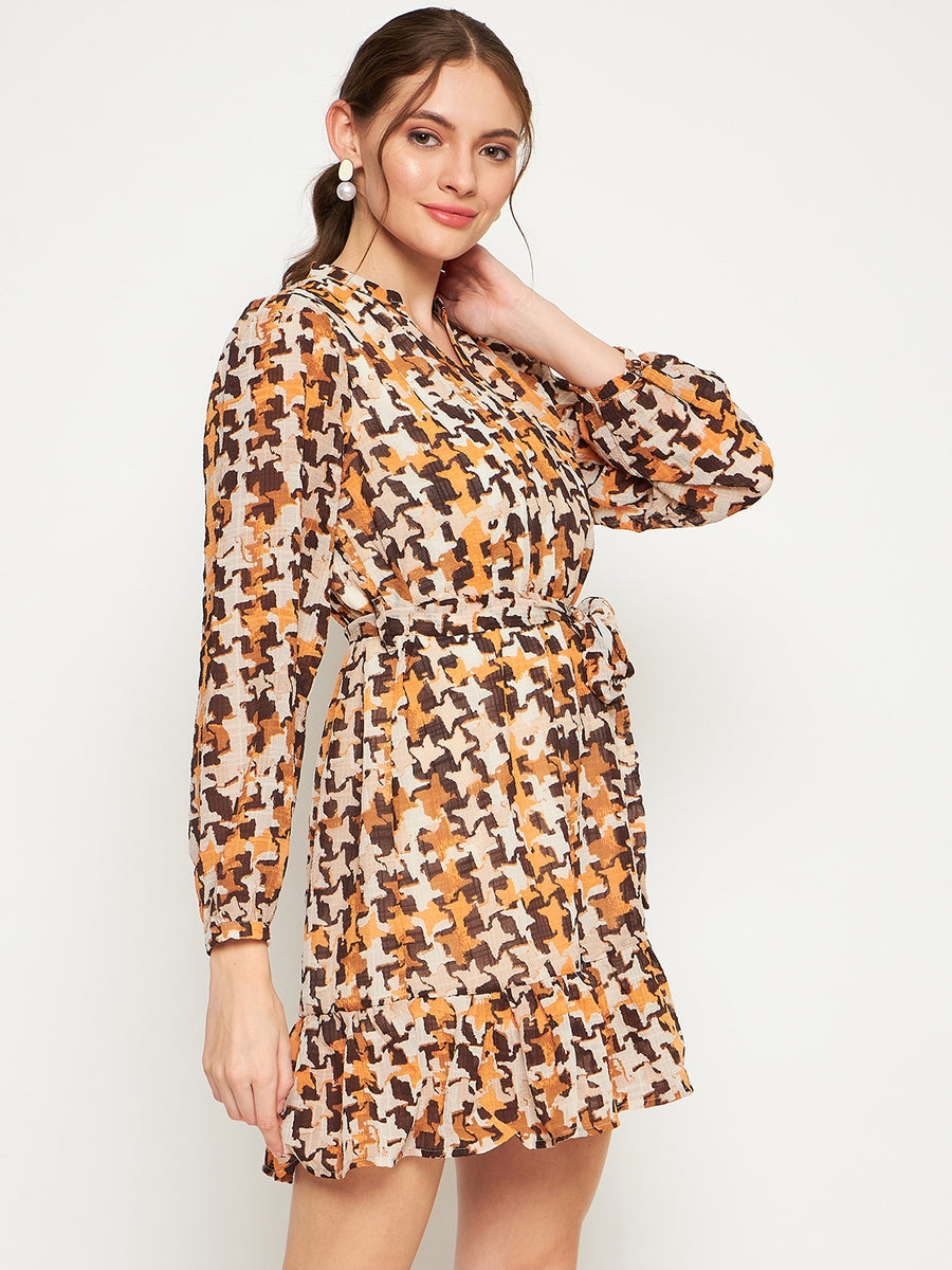 Madame Beige Abstract Print Self-Belted Dress