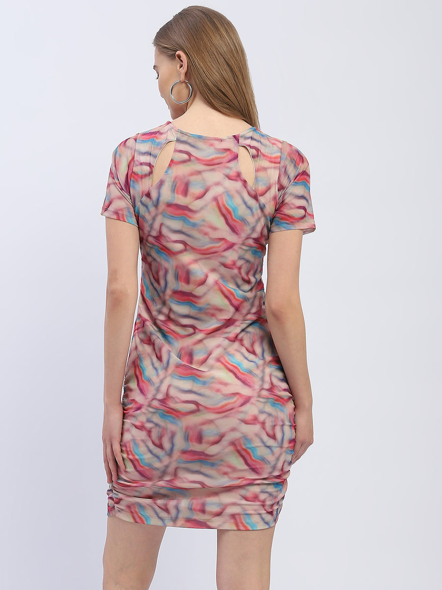 Madame Abstract print Pink Ruched Bodycon Dress