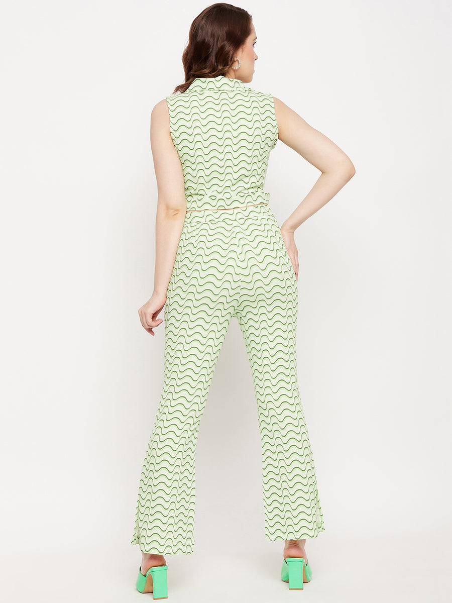 Madame Green Spread Collared Abstract Printed Co-ord Set