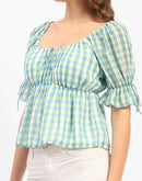 Madame Chequered Blue Off-Shoulder Top