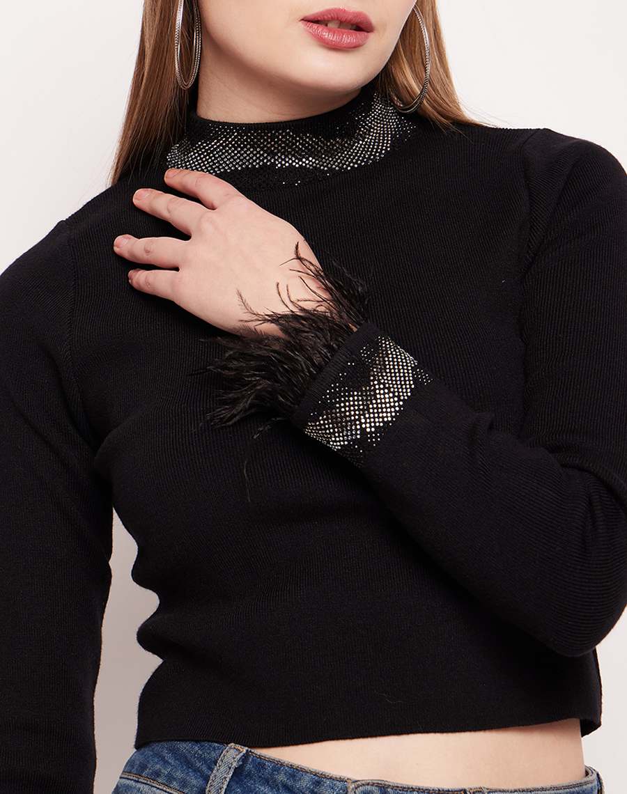 Madame Rhinestone Embellished Feather Sleeve  Black Sweater