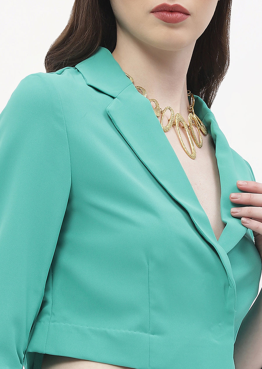 Madame Ruched Sleeve Jade Green Lapel Collar Crop Blazer