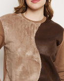 Madame Brown Fleece and Faux Leather Colourblocked Sweatshirt