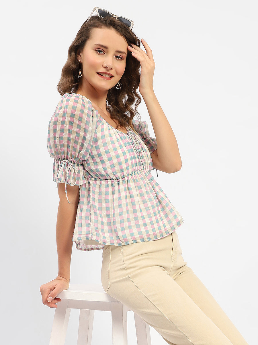 Madame Chequered Pink Off-Shoulder Top