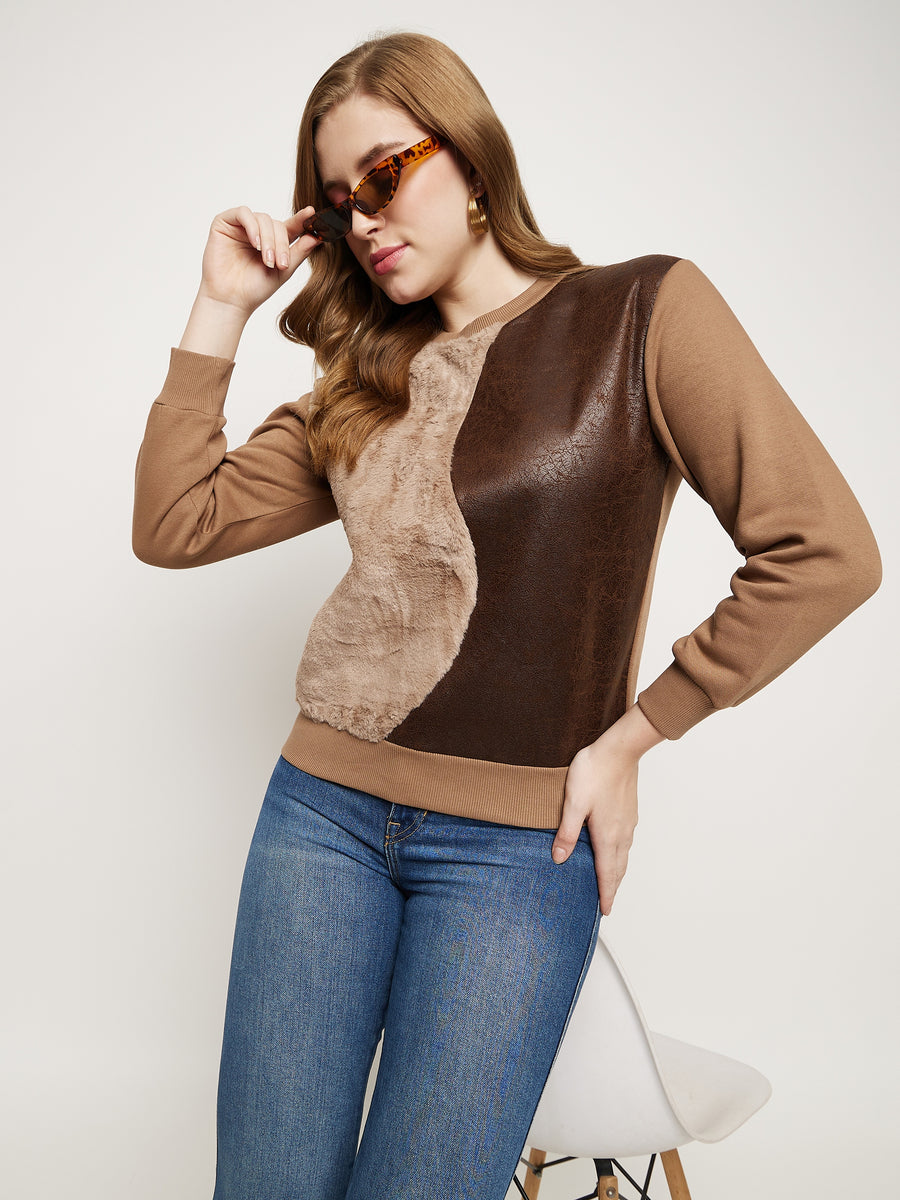 Madame Brown Fleece and Faux Leather Colourblocked Sweatshirt