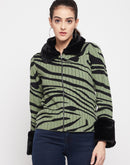 Madame Faux Fur Cuffs and Collar Abstract print Green Sweater