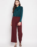 Madame Maroon Pleated Wide Leg Trousers