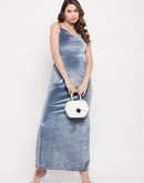 Madame Cowl Neck Stone Blue Velvet Slit Dress