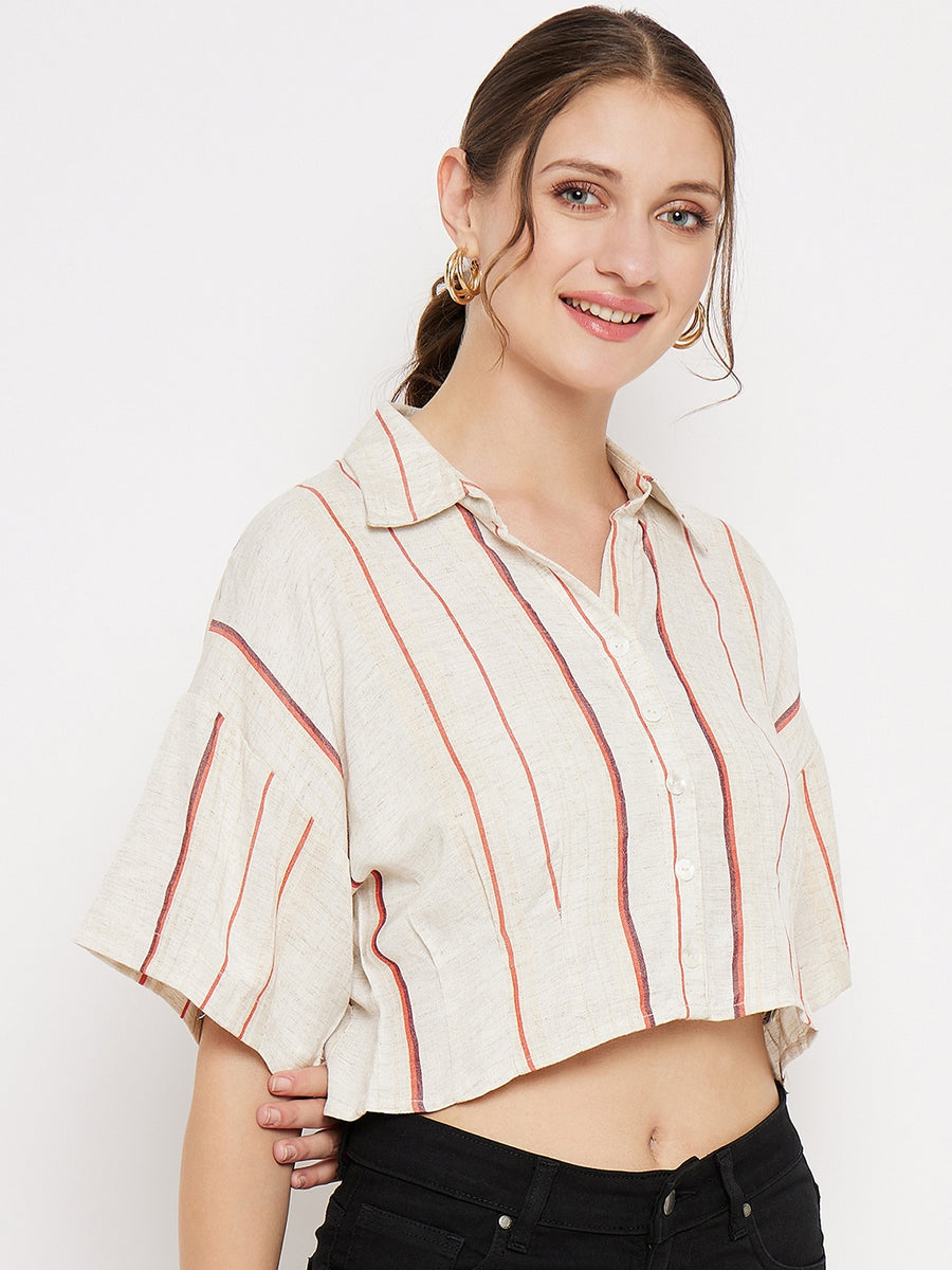 MADAME Striped Cotton Off-white Crop Shirt