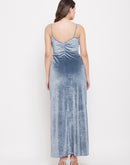 Madame Cowl Neck Stone Blue Velvet Slit Dress
