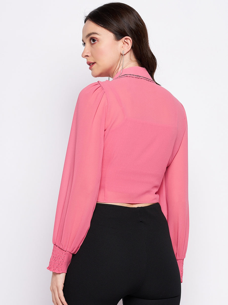 MADAME Pink Tie-Front Bishop Sleeve Crop Top