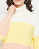 Madame Cable Knit Colourblocked White Turtleneck Sweater