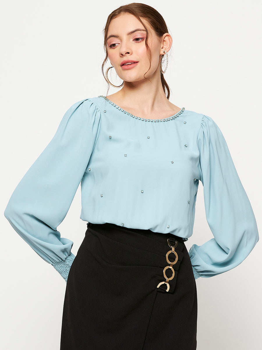 Camla Turquoise Embellished  Top For Women