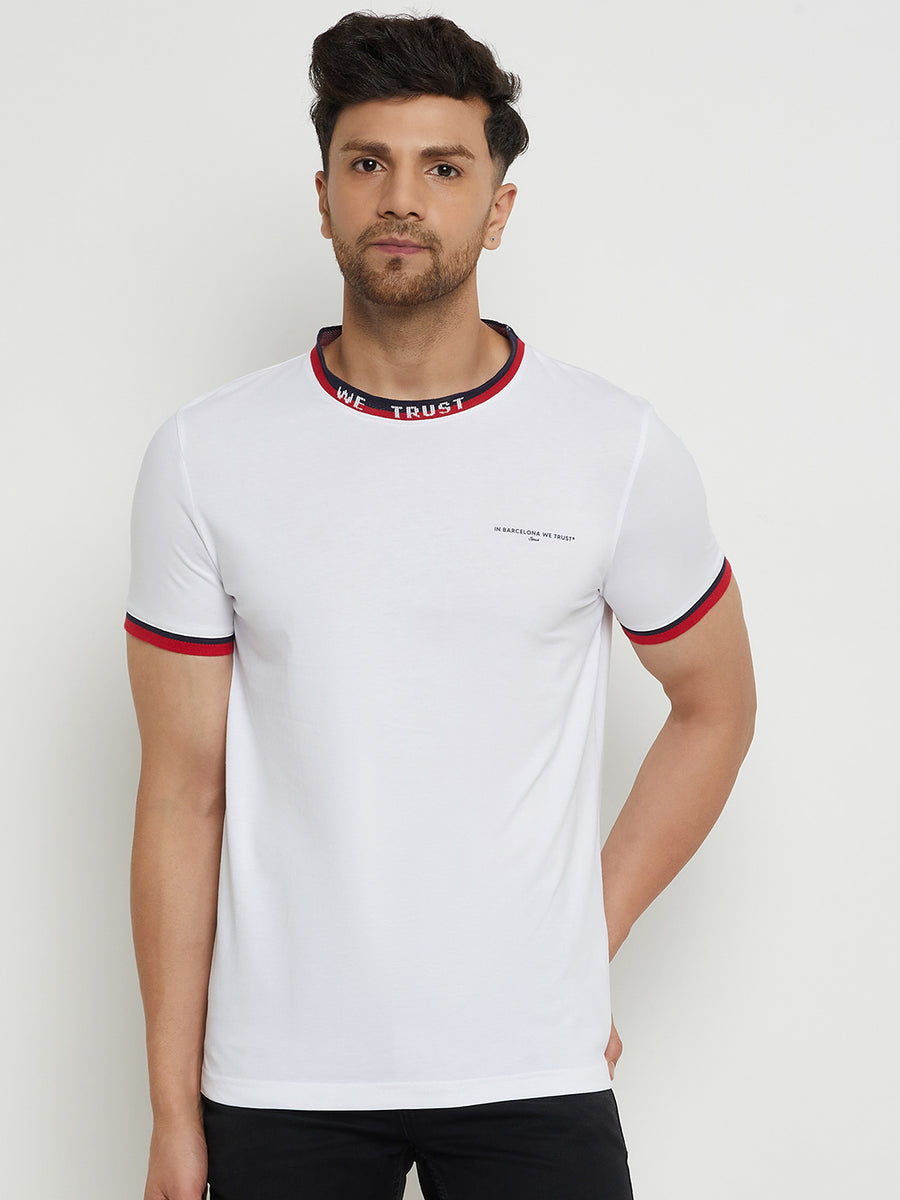 Camla Barcelona Men’S Red Detail Round Neck White T-Shirt