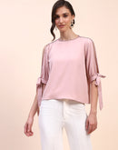 Camla Barcelona Tie Detailed Crew Neck Solid Peach Top