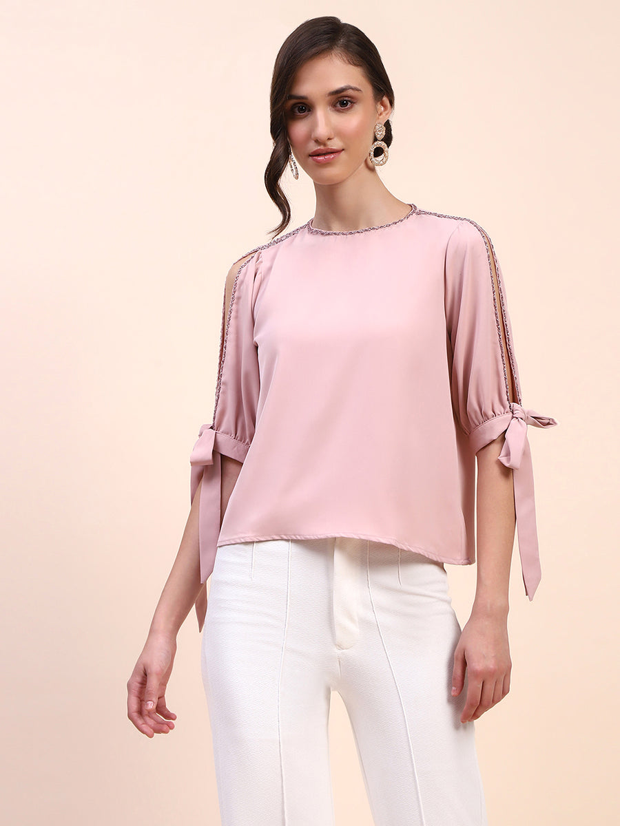 Camla Barcelona Tie Detailed Crew Neck Solid Peach Top
