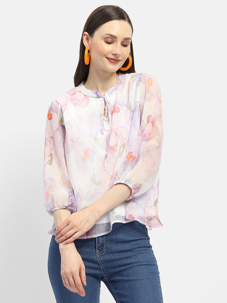 Madame Tie-Up Neck Off-White Floral Top
