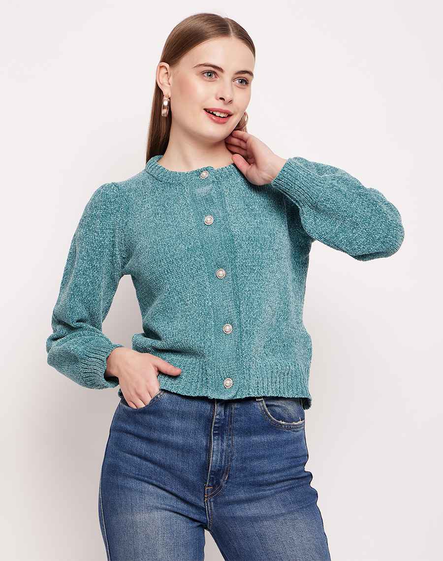 Camla Barcelona Puffed Sleeve Turquoise Blue Cardigan