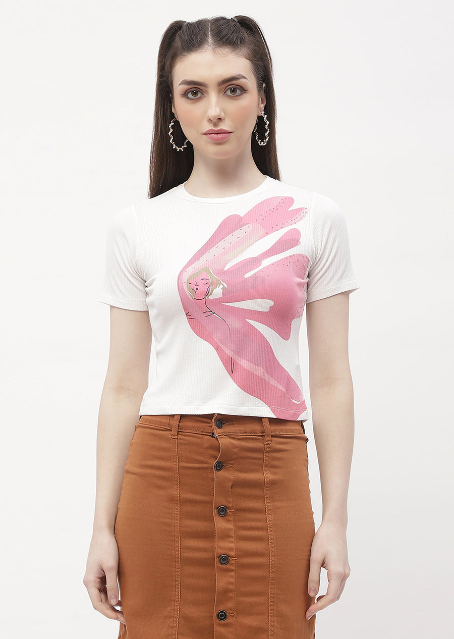 Madame Graphic Print Off-White Ribbed T-shirt
