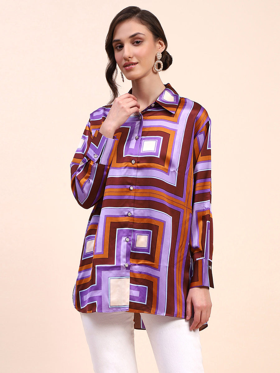 Camla Barcelona Geometric Print Cuff Sleeve Purple Shirt