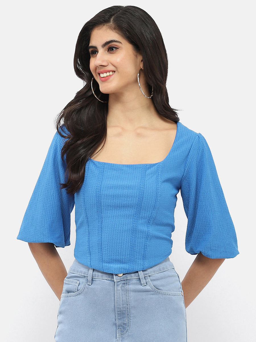 Madame Corset Inspired Royal Blue Puff Sleeve Top