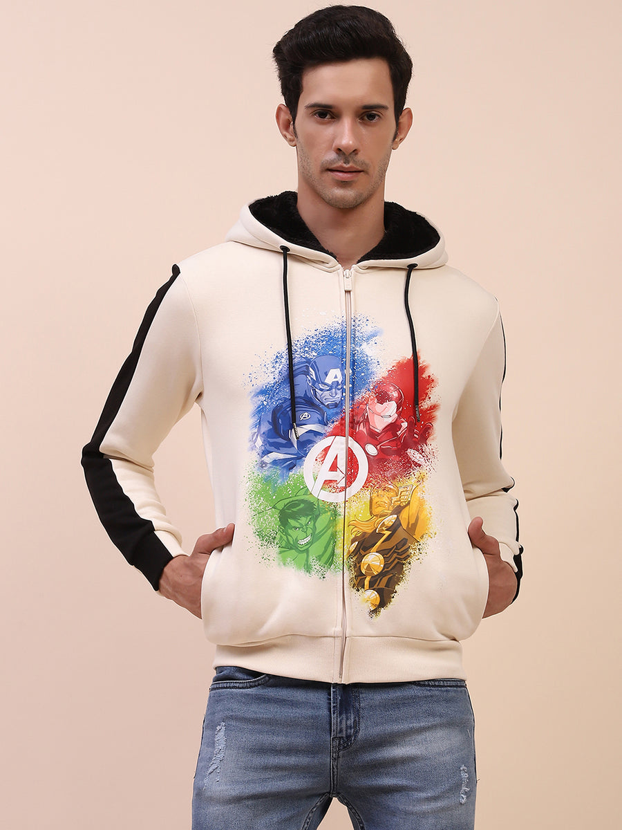 Camla Barcelona Avengers Graphic Printed Zipped Off White Sweatshirt