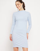 Camla Barcelona Mock Neck Powder Blue Ribbed Bodycon Dress