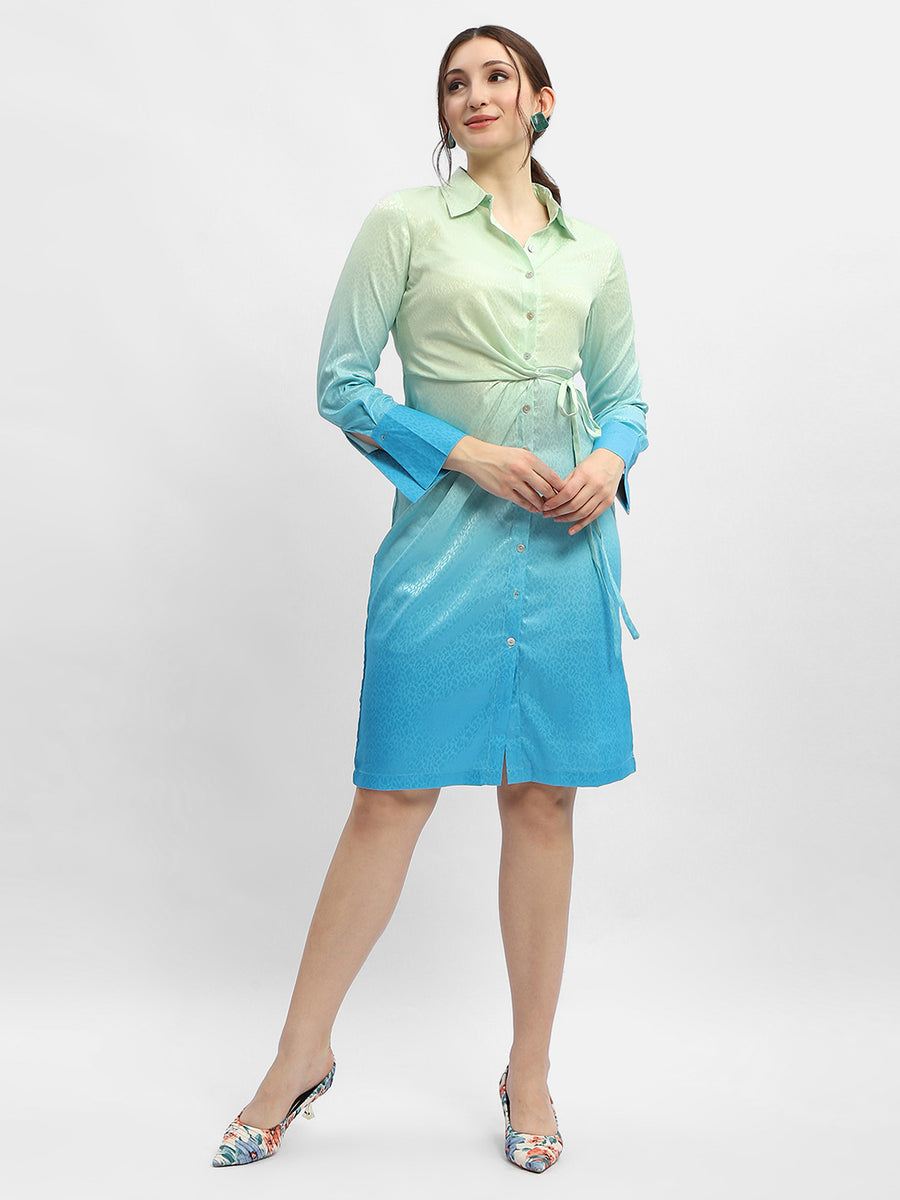 Madame Ombre Effect Sky Blue Tie-Waist Shirt Dress