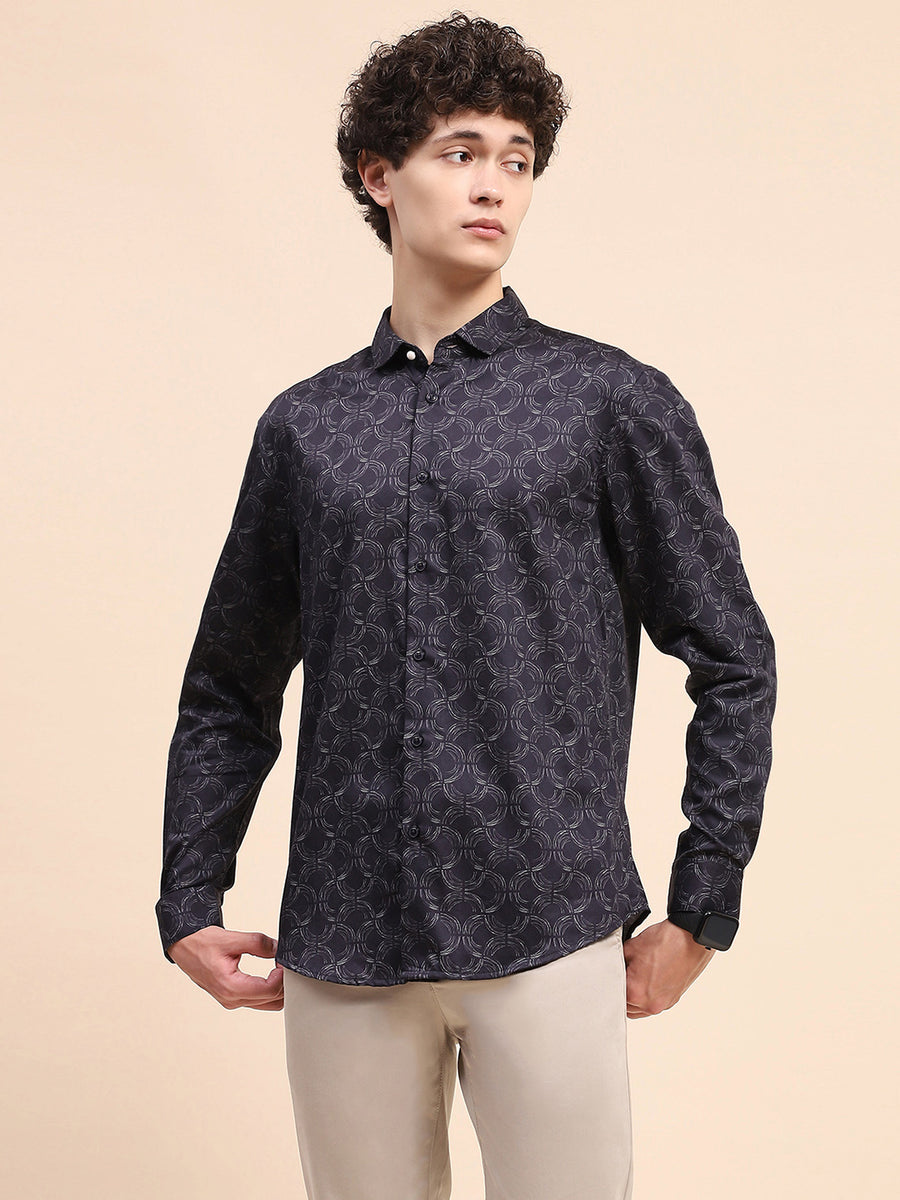 Camla Barcelona Printed Navy Blue Button Down Shirt