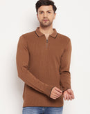 Camla Barcelona Solid Textured Brown T-Shirt For Men