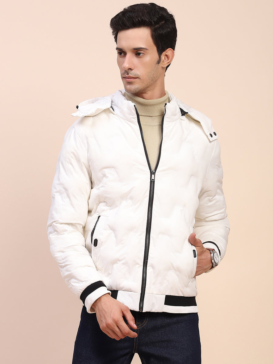 Camla Barcelona Puffed Textured White Zipped Jacket