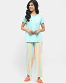 Msecret Typography T-shirt with Striped Pajama Blue Night Suit