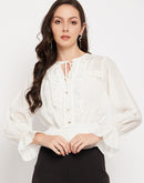 Camla Barcelona Necktie Ruffle Detail White Top