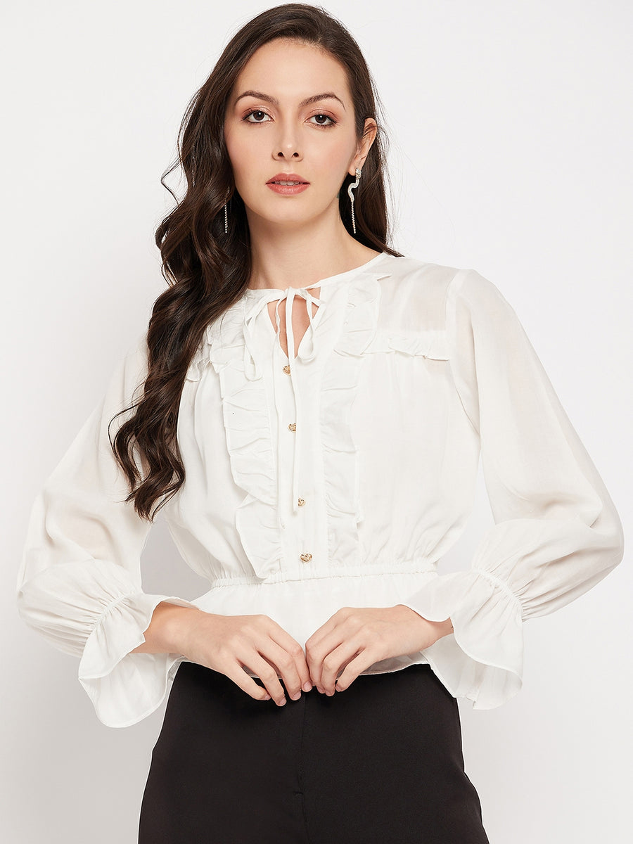 Camla Barcelona White Knot Detailed Bishop Sleeves Top