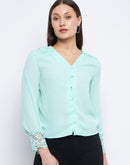Madame Lace Detailed Sea Green V-Neck Shirt