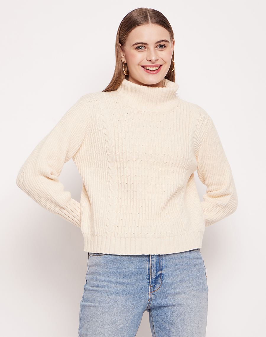 Camla Barcelona Cable Knit Off-White Turtleneck Sweater