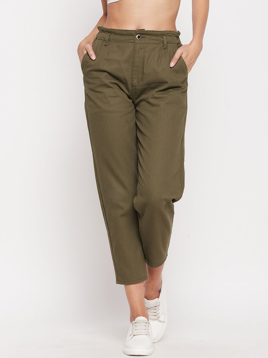Madame Women Solid Olive Trouser