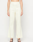 Camla Barcelona Elasticated Flared Solid Off White Trouser For Women